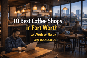 modern coffee shop interior in Fort Worth Texas with customers working and drinking coffee