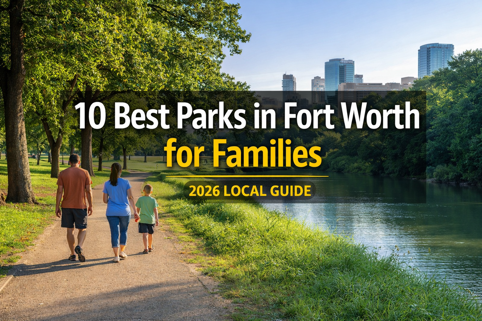 family walking through Trinity Park in Fort Worth Texas