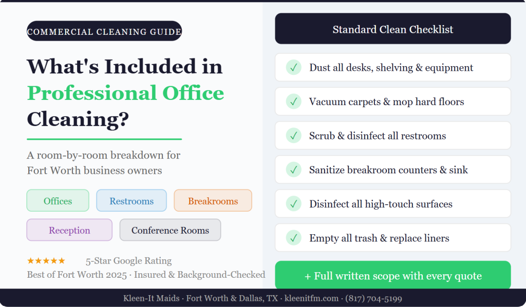 professional office cleaning service Fort Worth TX checklist what's included Kleen-It Maids
