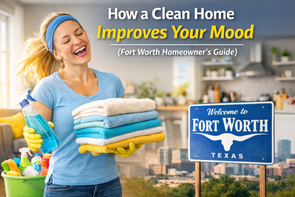 Happy house cleaning professional folding clothes