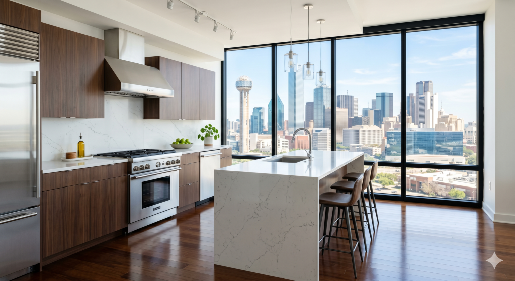 A pristine, spotless luxury high-rise apartment kitchen with floor-to-ceiling windows overlooking the Dallas skyline after a professional move-out clean by Kleen-It Maids.