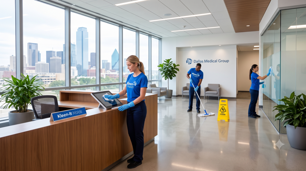 Kleen-It Maids commercial cleaning crew sanitizing a modern medical and corporate office in Dallas TX