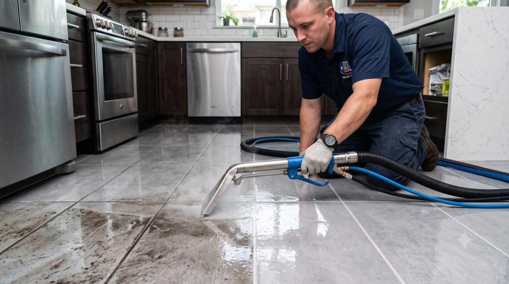 Kleen-It Maids professional team performing high-pressure tile and grout steam extraction in a DFW home