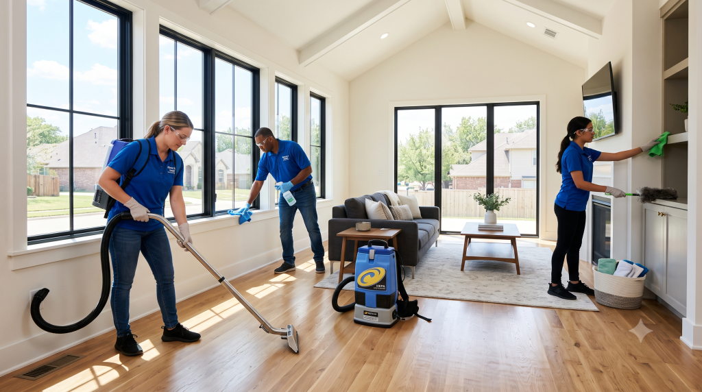 Kleen-It Maids professional team performing post-construction deep cleaning on a newly renovated home in Fort Worth TX