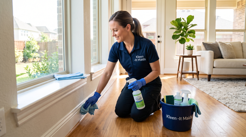 Kleen-It Maids professional cleaning team performing deep house cleaning and baseboard wiping in Mansfield TX